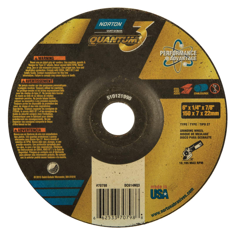 6 x 1/4 x 7/8 In. Quantum3 Grinding Wheel SG 20 Q T27