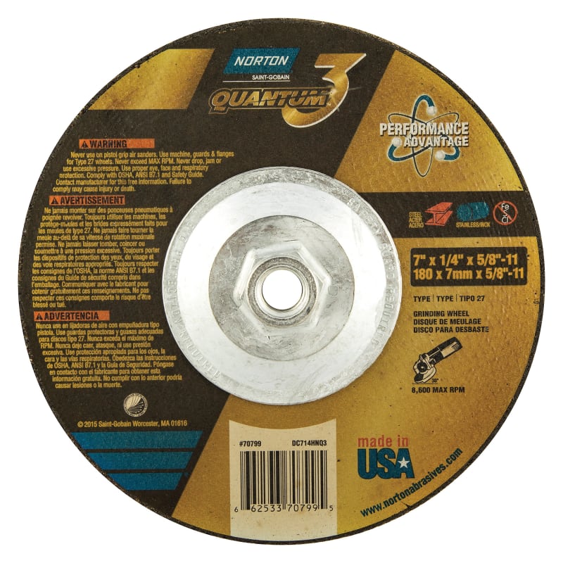 7 x 1/4 x 5/8-11 In. Quantum3 Grinding Wheel SG 20 Q T27