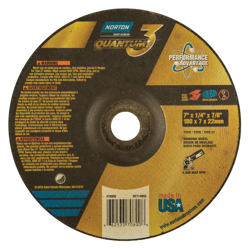7 x 1/4 x 7/8 In. Quantum3 Grinding Wheel SG 20 Q T27