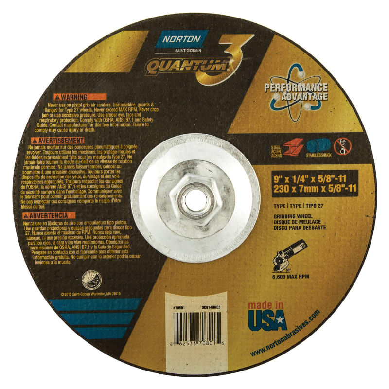 9 x 1/4 x 5/8-11 In. Quantum3 Grinding Wheel SG 20 Q T27