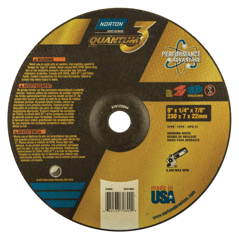 9 x 1/4 x 7/8 In. Quantum3 Grinding Wheel SG 20 Q T27