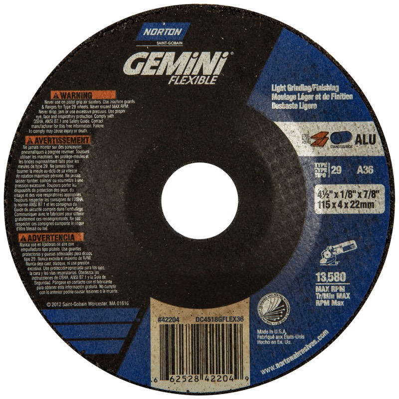 4-1/2 x 1/8 x 7/8 In. Gemini Flexible Grinding and Cutting Whl A 36 S T29