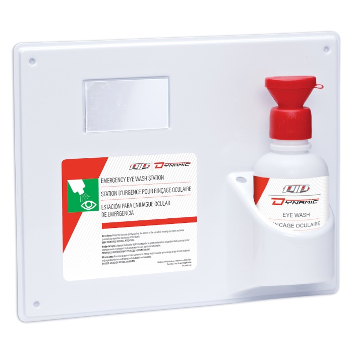 Dynamic™ emergency eye wash station with an empty 473 mL eye wash bottle