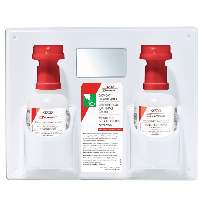Dynamic™ emergency eye wash station with two 473 mL eye wash solution bottles