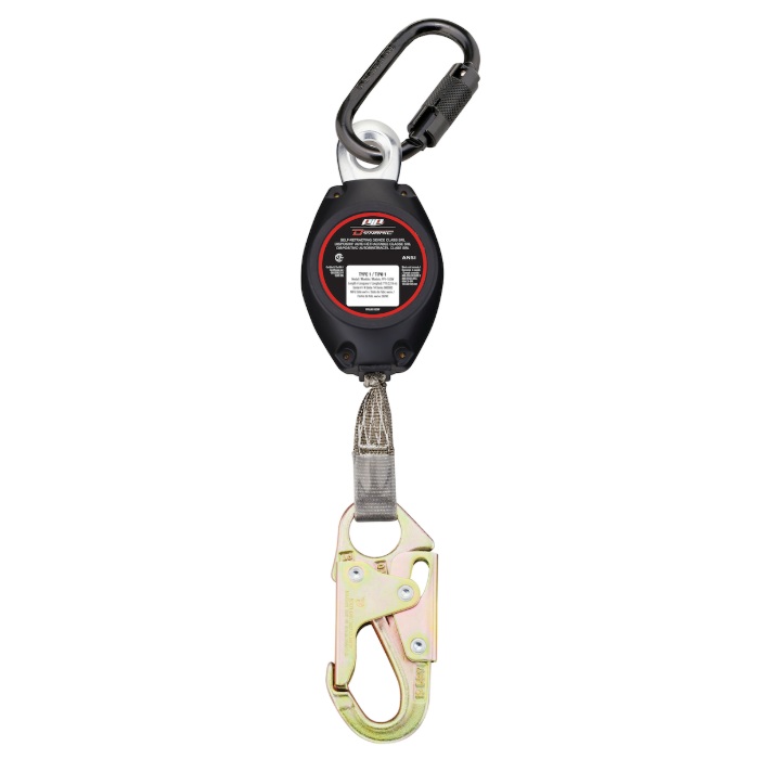 Webbing self-retracting lifeline with triple action carabiner and small snap hook 7 ft
