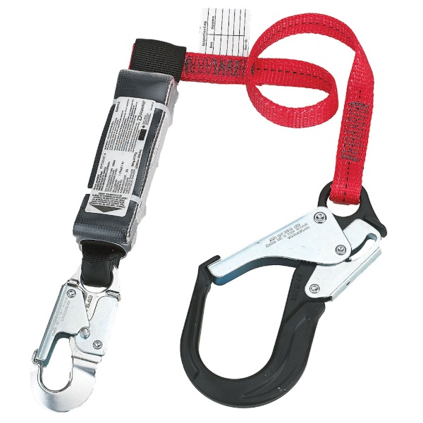 Dyna-ONE™ polyester single-leg fixed energy absorbing lanyard with aluminum snap hook and scaffold hook 1 in X 4 ft red / black