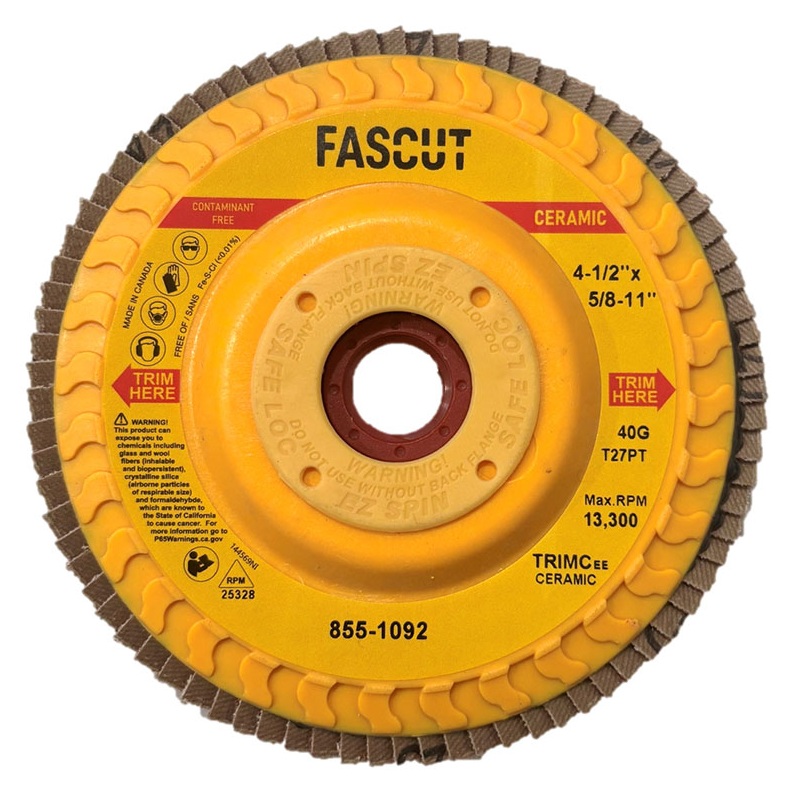 Disque à lamelles céramique usinable FASCUT™ 4-1/2 po type 27 grain 36 avec fixation filetée Safe Loc 5/8-11 po