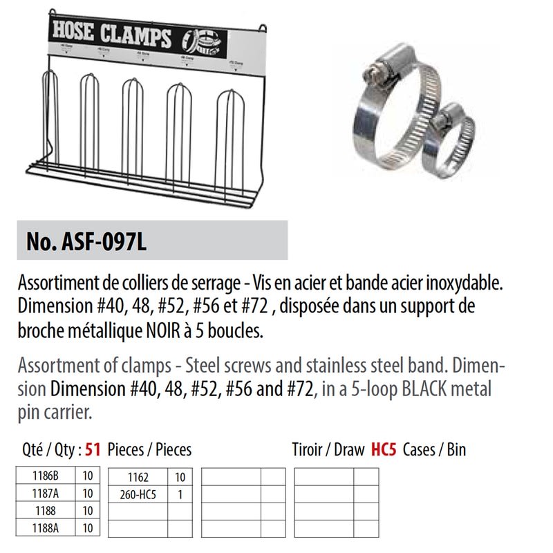 Assortiment de colliers de serrage #40 à #72 avec support en broche (50 pcs)