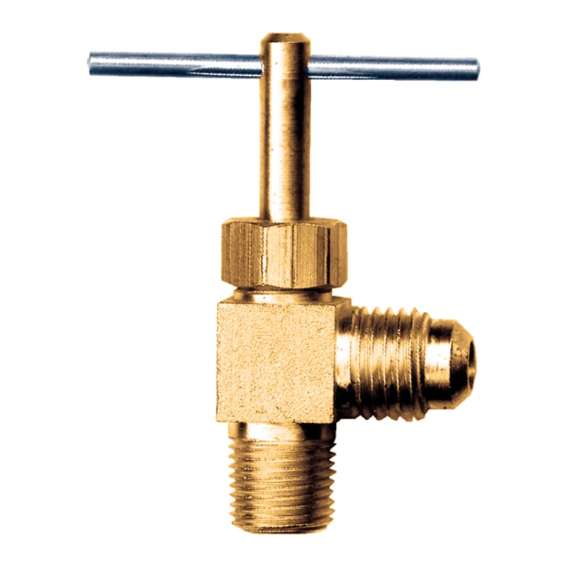 Brass 90 deg elbow needle valve 1/4 M-tube (flare) X 1/8 M-NPT