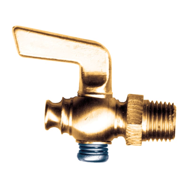 Brass spring bottom shut-off cock 1/8 M-NPT with hex shoulder and lever handle (straight drain)