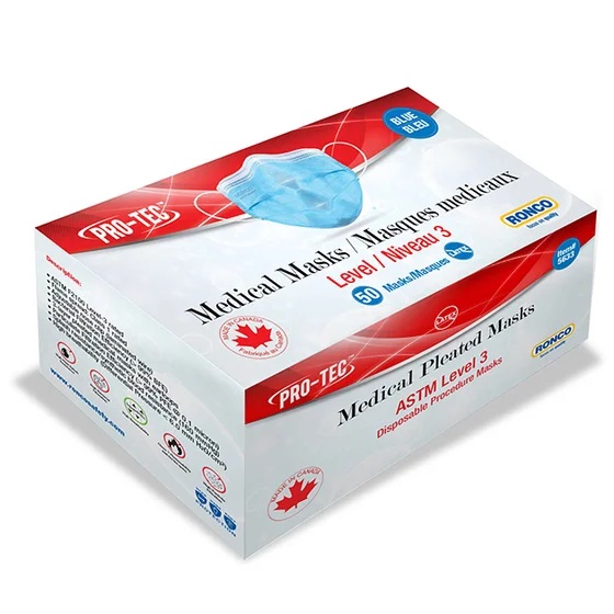 Pro-Tec™ 3 ply medical grade disposable masks ASTM Grade 2 fiberglass free