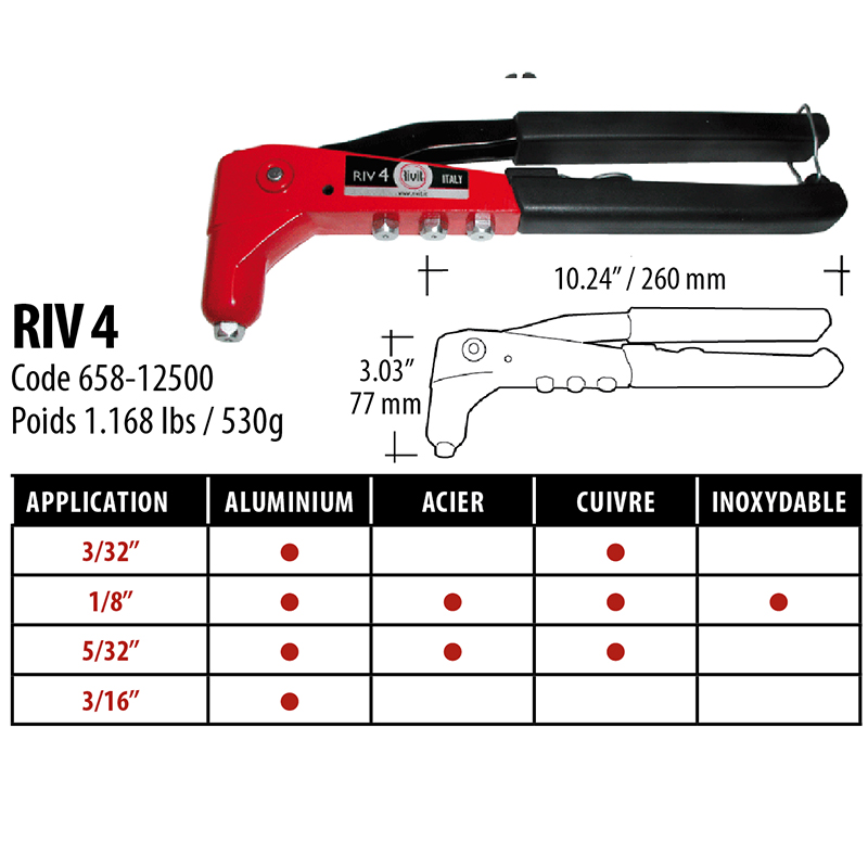 RIVETEUSE MANUEL RIV4 3/32 A 3/16 530gr